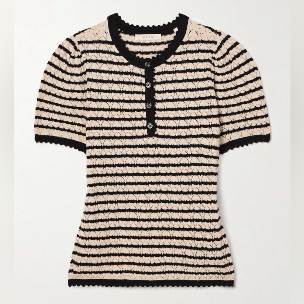 Doen Brandie Cotton Silk Knit Short Sleeve Puff Sweater Top Allaire Stripe Cream - Picture 10 of 12